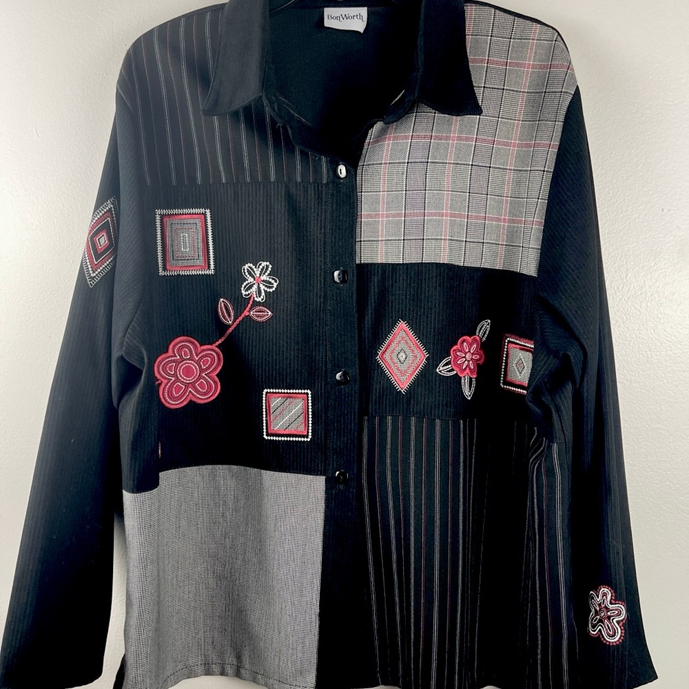 90’s Vintage Bon Worth Color Block Button Up Blouse Size Large Black/Ladies/ Red
